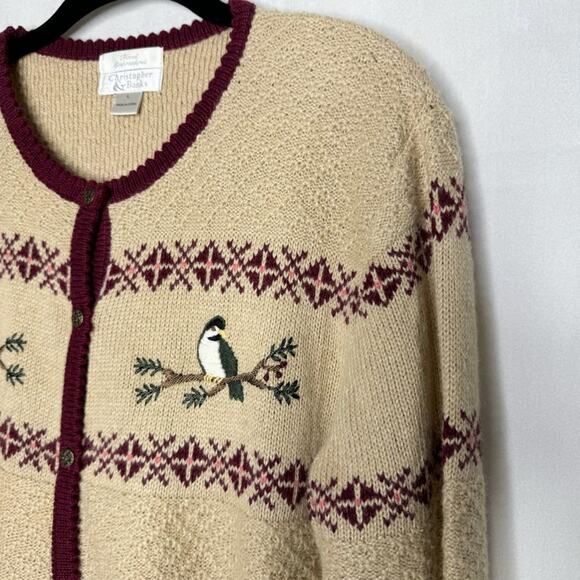 CHRISTOPHER & BANKS / vintage tan bird embroidered cardigan wool sweater / L - Picture 3 of 9